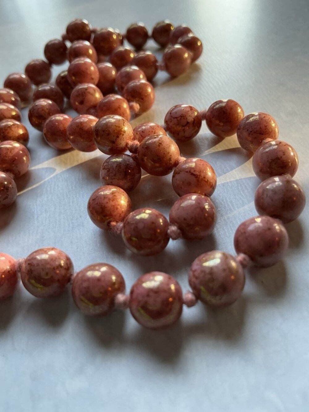 Vintage Art Deco Dusty Rose Pink Czech Glass Bead Necklace Knotted